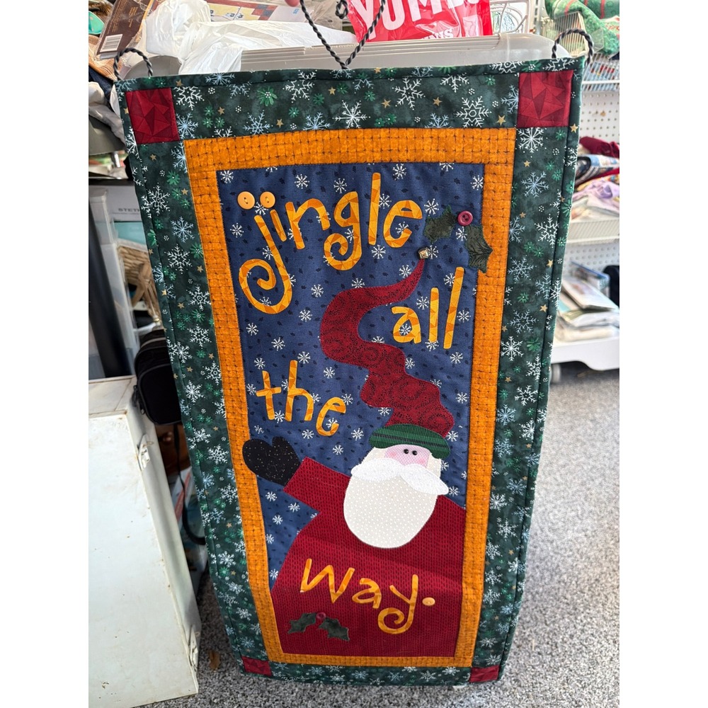 Handmade Quilted Christmas Wall Hanging Santa Jingle All The Way Metal Hanger